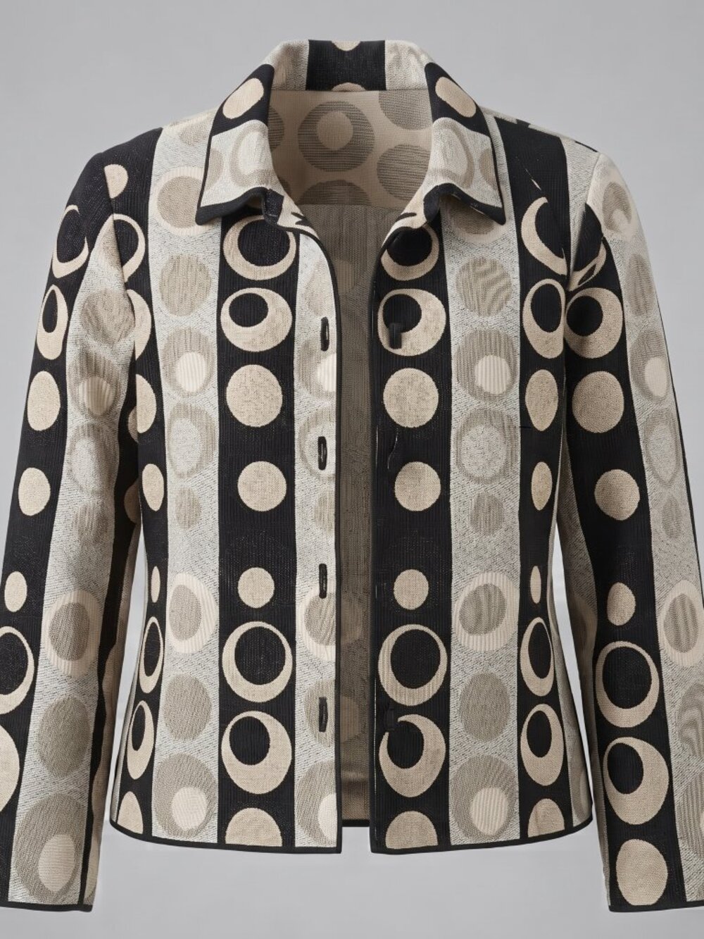 Winding River 1XL Open Front Jacket – Black Beige Circle Print, Rayon Blend
